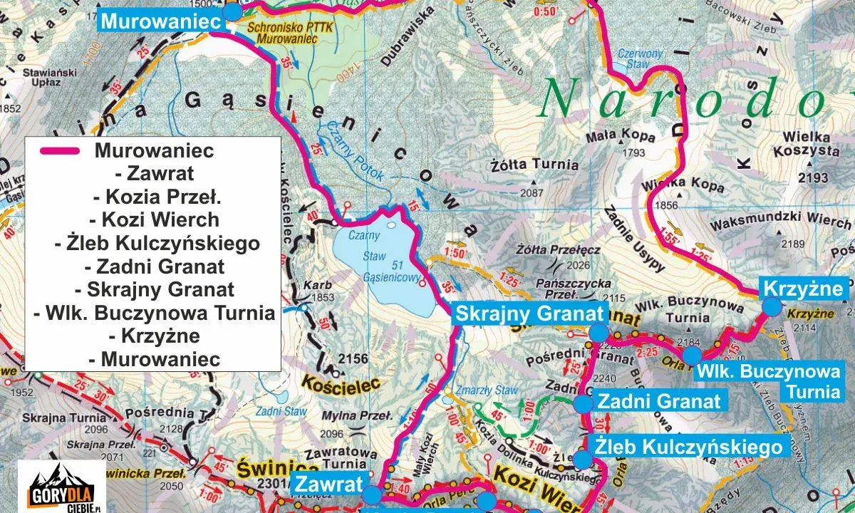 Mapa szlaku Orla Perć: zacznij od Murowańca, przez Zawrat, Kozi Wierch, Zadni Granat, aż do Krzyżnego.