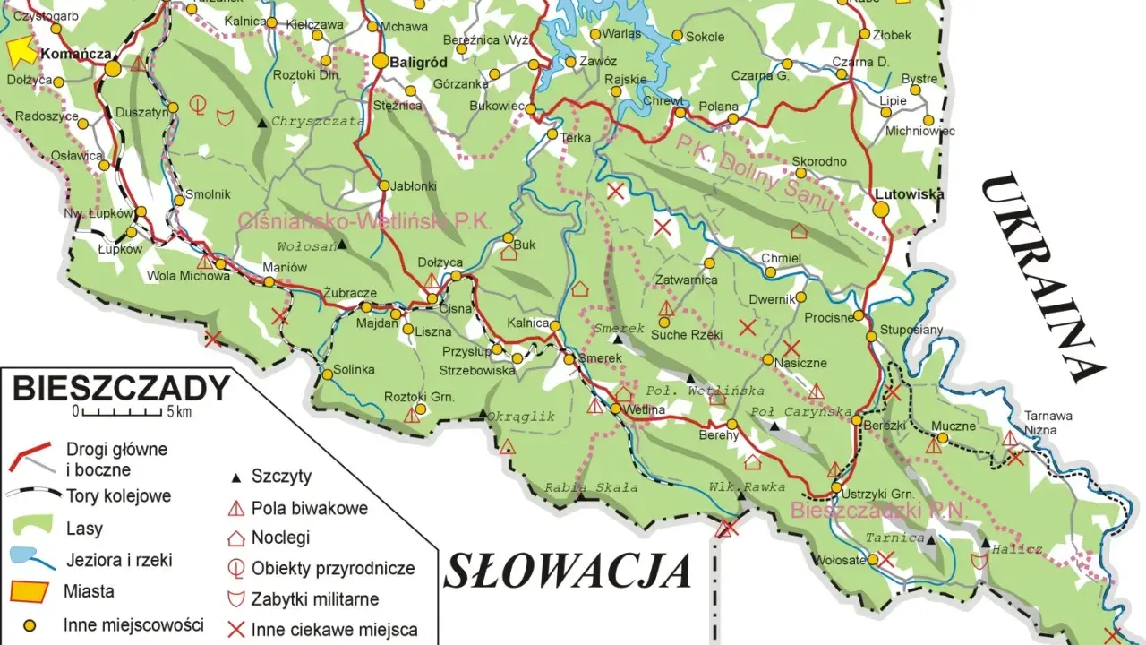 Mapa Bieszczad z zaznaczonymi szlakami, miastami i atrakcjami. Wyobraź sobie hasające zające w tych malowniczych górach.