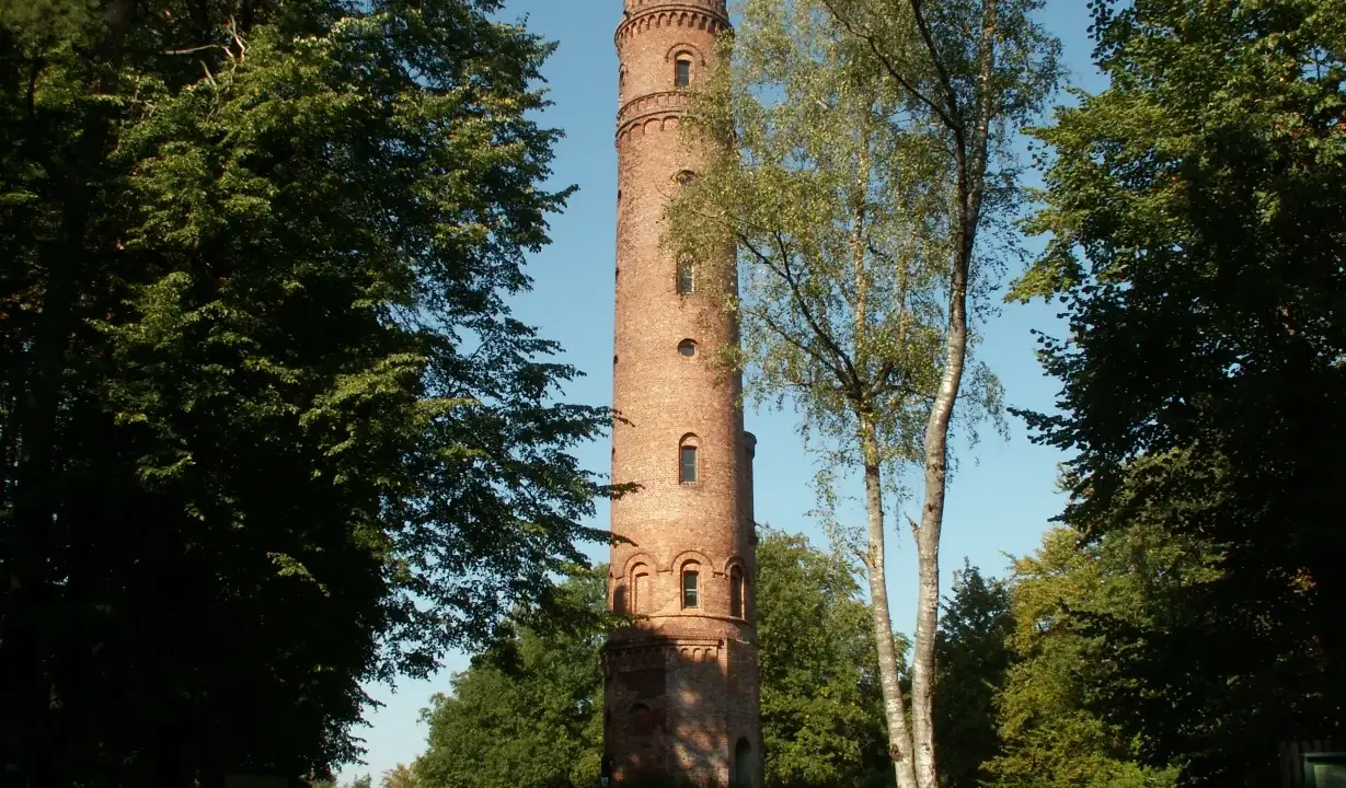 Wieża widokowa na Górze Chełmskiej, ceglana, otoczona drzewami.