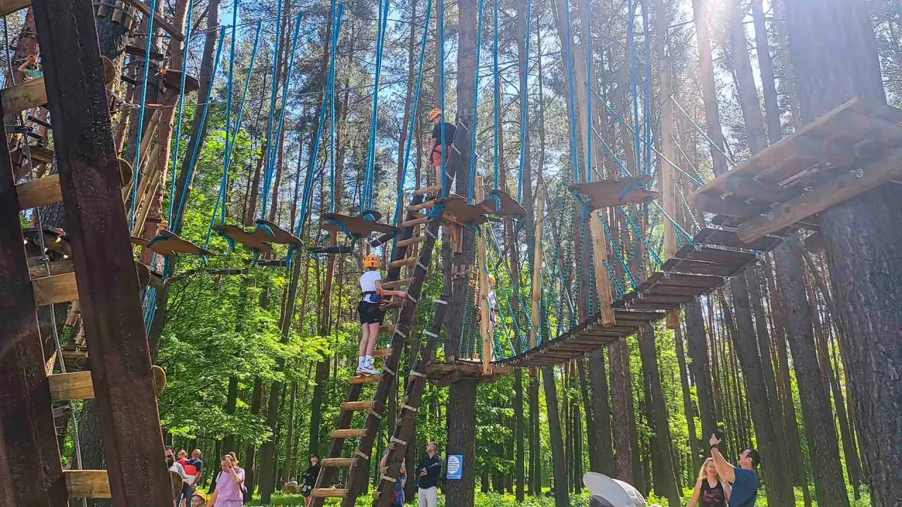 Park linowy w Białymstoku oferuje emocjonujące atrakcje dla dorosłych. Wspinaczka po drzewach i pokonywanie mostków to świetna zabawa.