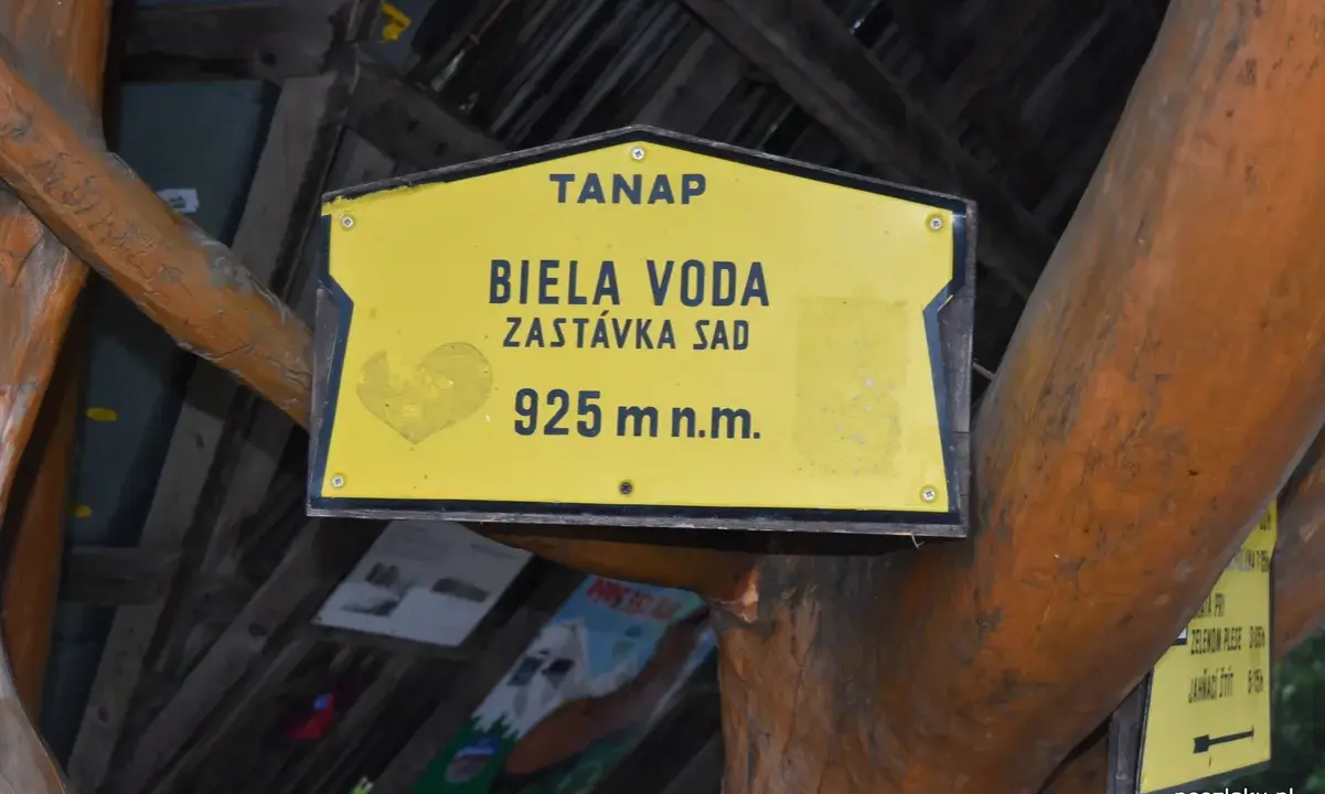 Tablica TANAP informuje o przystanku Biała Woda na wysokości 925 m n.p.m. w pobliżu Jagnięcego Szczytu.