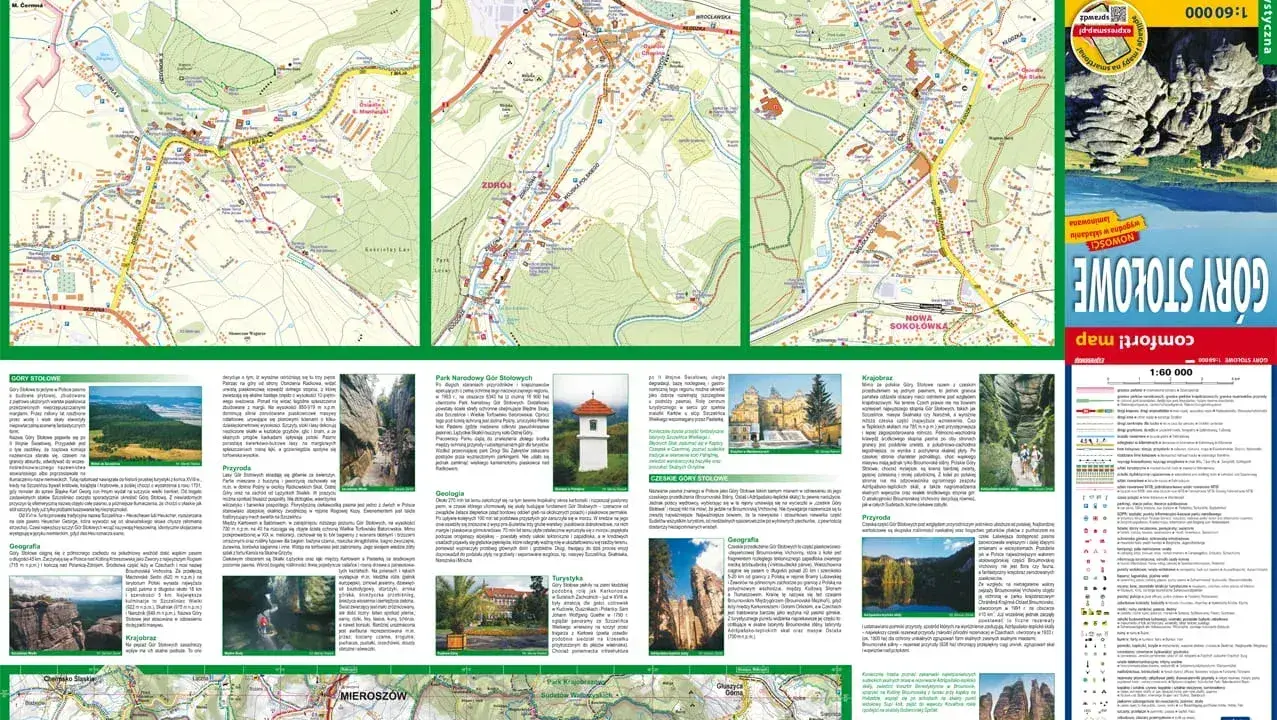 Mapa turystyczna Gór Stołowych z zaznaczonymi szlakami, miejscowościami i atrakcjami.
