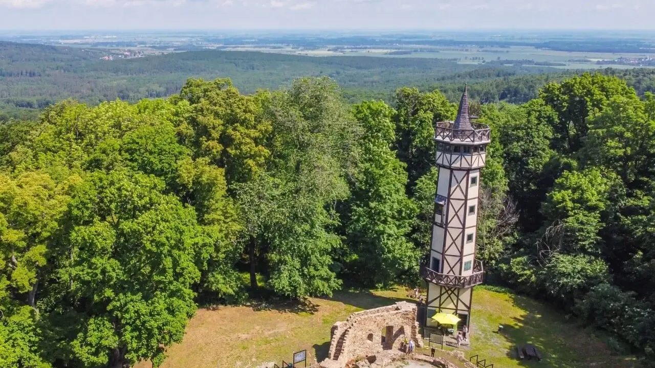 Wieża widokowa i ruiny zamku na wzgórzu wśród zielonych lasów, malownicze góry koło Wrocławia.