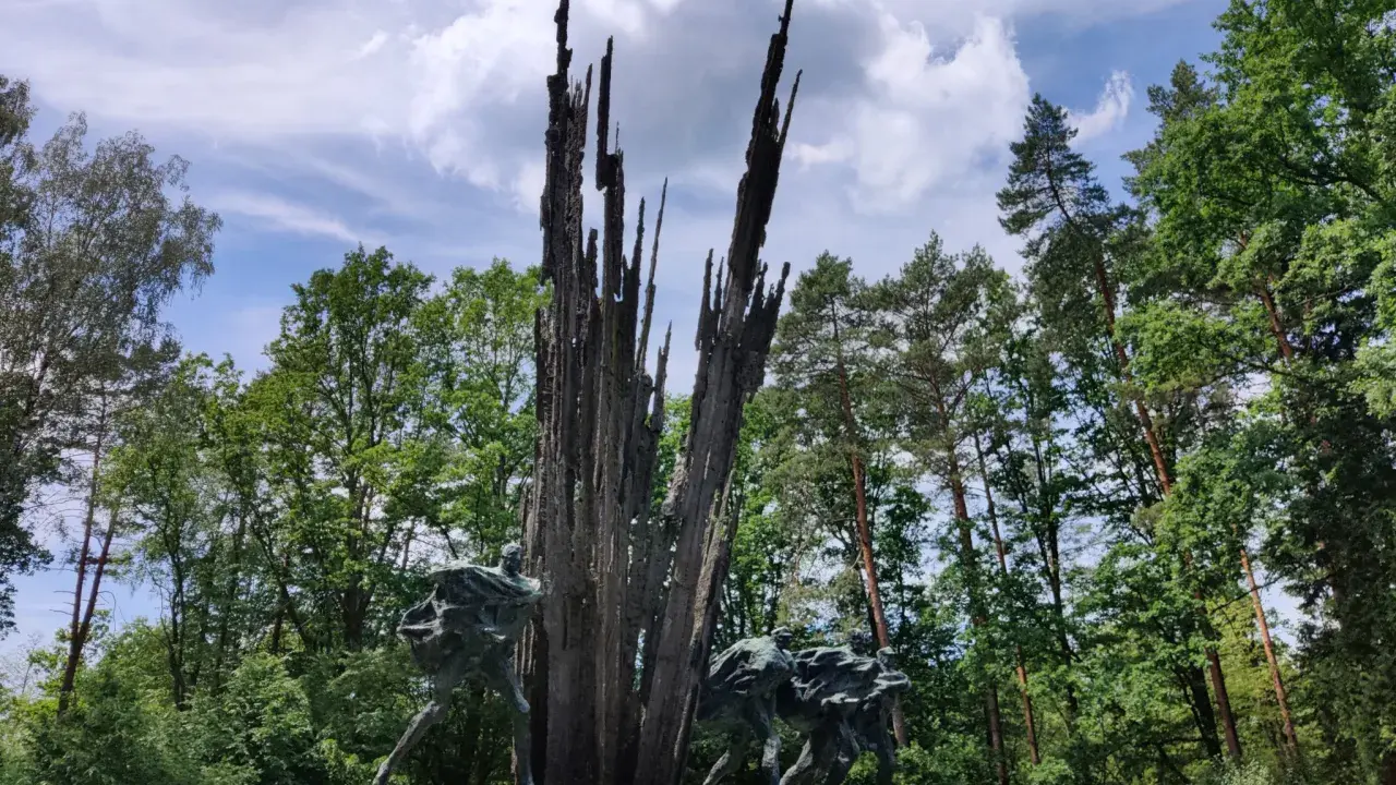 Pomnik w lasach janowskich. Grupa ludzi biegnie w stronę wysokiego, poszarpanego monumentu.