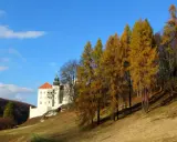 Jesienny krajobraz z zamkiem na skale. Trasa turystyczna Maczuga Herkulesa prowadzi przez malownicze wzgórza porośnięte złotymi drzewami.