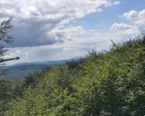 Widok z Magury Wątkowskiej na zalesione wzgórza i niebo z chmurami.