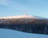 Zimowa trasa na Pradziad. Śnieżny szczyt z wieżą widokową i gęsty las świerkowy.