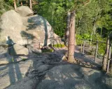 Kamienne formacje skalne, przypominające husyckie skały, porośnięte mchem i otoczone drzewami. Widoczny fragment ogrodzenia.