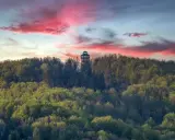 Wieża widokowa na górze Cergowej pośród zielonych lasów, pod malowniczym, różowym niebem o zachodzie słońca.