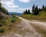 Droga na Wysoką Kopę. Kręty szlak prowadzi przez zielone wzgórza, w oddali widać budynek i góry.