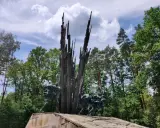 Pomnik w lasach janowskich. Grupa ludzi biegnie w stronę wysokiego, poszarpanego monumentu.