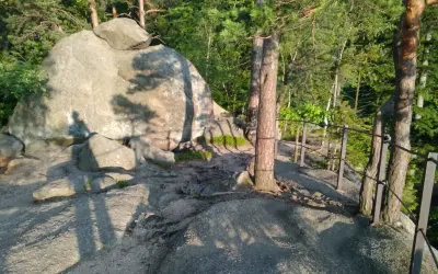 Kamienne formacje skalne, przypominające husyckie skały, porośnięte mchem i otoczone drzewami. Widoczny fragment ogrodzenia.
