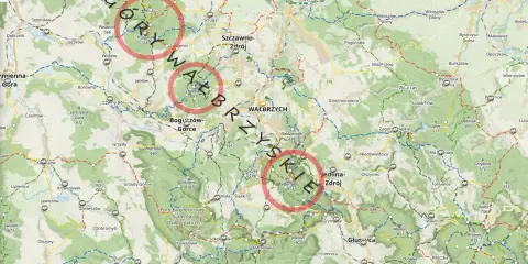 Góry Wałbrzyskie szlaki: mapa z zaznaczonymi trasami pieszymi i punktami widokowymi.