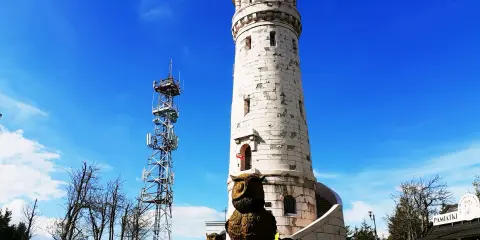 Wieża widokowa i maszt telekomunikacyjny na tle błękitnego nieba. W oddali widać góry Sowie.