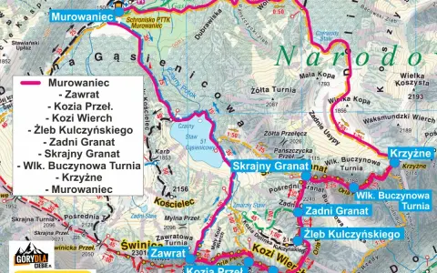 Mapa szlaku Orla Perć: zacznij od Murowańca, przez Zawrat, Kozi Wierch, Zadni Granat, aż do Krzyżnego.