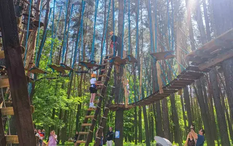 Park linowy w Białymstoku oferuje emocjonujące atrakcje dla dorosłych. Wspinaczka po drzewach i pokonywanie mostków to świetna zabawa.