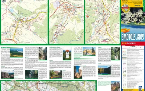Mapa turystyczna Gór Stołowych z zaznaczonymi szlakami, miejscowościami i atrakcjami.