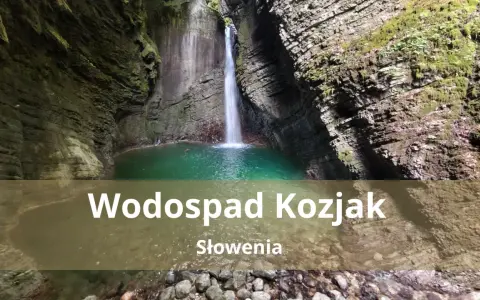 Wodospad Kozjak w Słowenii, ukryty w skalnej grocie, z turkusową wodą i bujną zielenią.