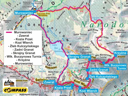 Mapa szlaku Orla Perć: zacznij od Murowańca, przez Zawrat, Kozi Wierch, Zadni Granat, aż do Krzyżnego.