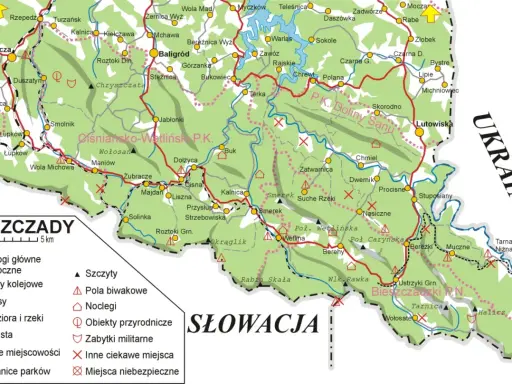Mapa Bieszczad z zaznaczonymi szlakami, miastami i atrakcjami. Wyobraź sobie hasające zające w tych malowniczych górach.
