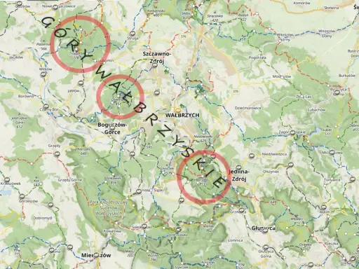 Góry Wałbrzyskie szlaki: mapa z zaznaczonymi trasami pieszymi i punktami widokowymi.