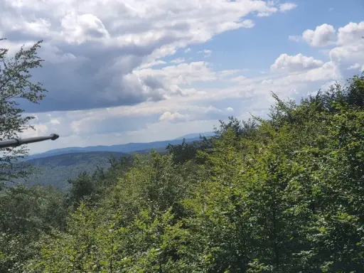 Widok z Magury Wątkowskiej na zalesione wzgórza i niebo z chmurami.