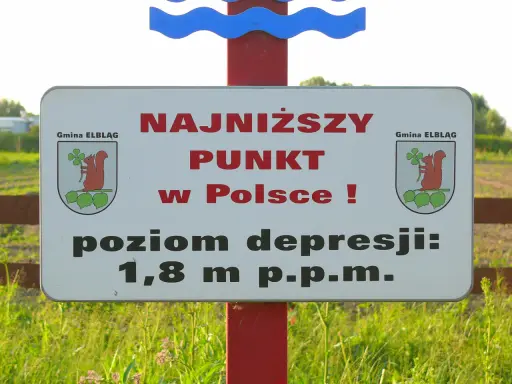 Najniższy punkt w Polsce, 1,8 m p.p.m., w gminie Elbląg. W herbie gminy Elbląg widać wiewiórkę z koniczyną.