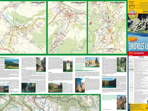 Mapa turystyczna Gór Stołowych z zaznaczonymi szlakami, miejscowościami i atrakcjami.