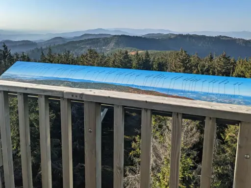Widok z wieży widokowej na Beskid Sądecki. Na pierwszym planie drewniana balustrada, dalej panorama gór i lasów z tablicą informacyjną o szczytach.