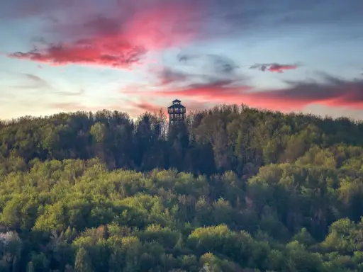 Wieża widokowa na górze Cergowej pośród zielonych lasów, pod malowniczym, różowym niebem o zachodzie słońca.