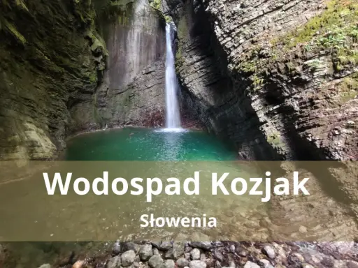 Wodospad Kozjak w Słowenii, ukryty w skalnej grocie, z turkusową wodą i bujną zielenią.