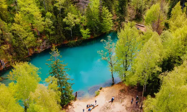 Turkusowe Kolorowe Jeziorka Wieściszowice otoczone bujną zielenią lasu. Kilka osób podziwia widok.