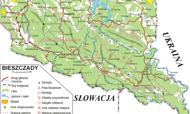 Mapa Bieszczad z zaznaczonymi szlakami, miastami i atrakcjami. Wyobraź sobie hasające zające w tych malowniczych górach.