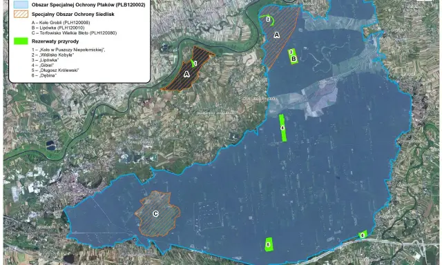 Mapa Puszczy Niepołomickiej z zaznaczonymi obszarami ochrony ptaków i siedlisk, rezerwatami przyrody oraz fragmentami lasów i pól.