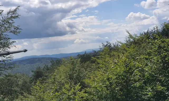Widok z Magury Wątkowskiej na zalesione wzgórza i niebo z chmurami.