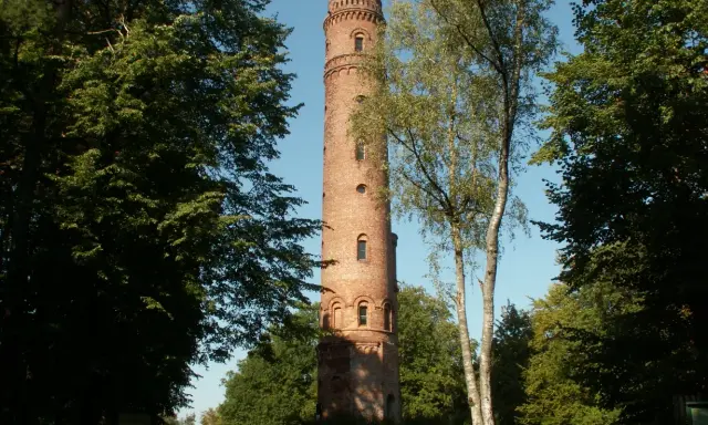 Wieża widokowa na Górze Chełmskiej, ceglana, otoczona drzewami.