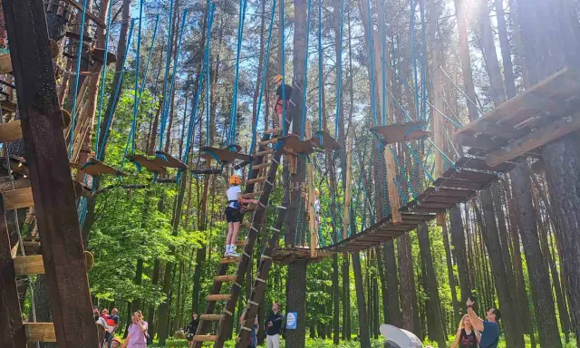 Park linowy w Białymstoku oferuje emocjonujące atrakcje dla dorosłych. Wspinaczka po drzewach i pokonywanie mostków to świetna zabawa.