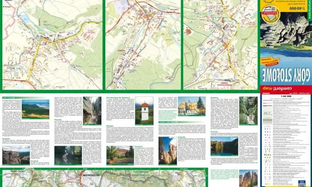 Mapa turystyczna Gór Stołowych z zaznaczonymi szlakami, miejscowościami i atrakcjami.