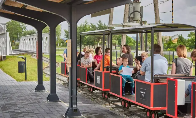 Wesołe **roztocze z dziećmi** podróżują kolejką wąskotorową. Uśmiechnięte twarze, letnia pogoda i zielone otoczenie tworzą radosną atmosferę.