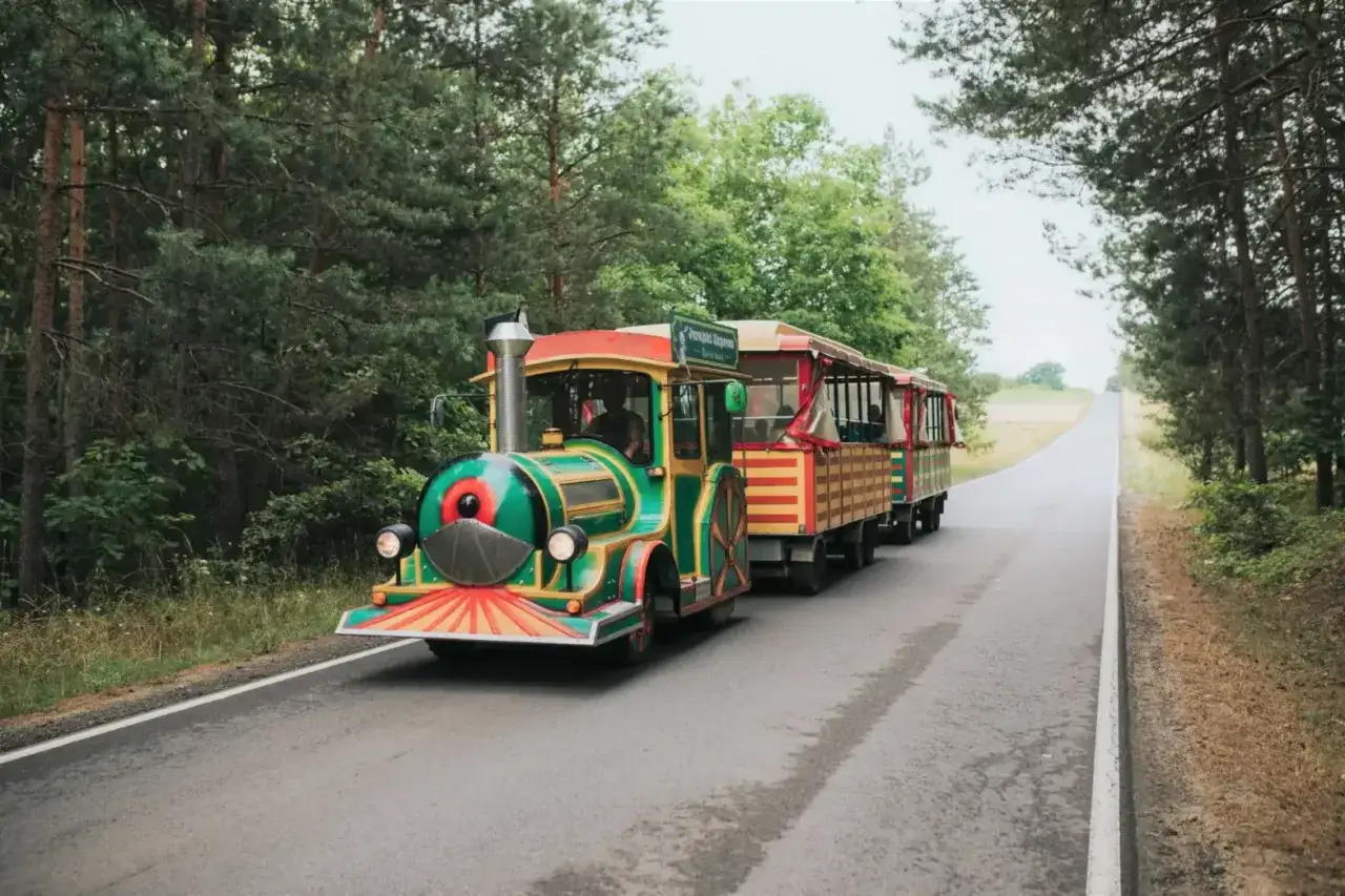 Kolorowy pociąg turystyczny jedzie leśną drogą. To świetne atrakcje dla dzieci na Jurze Krakowsko-Częstochowskiej.