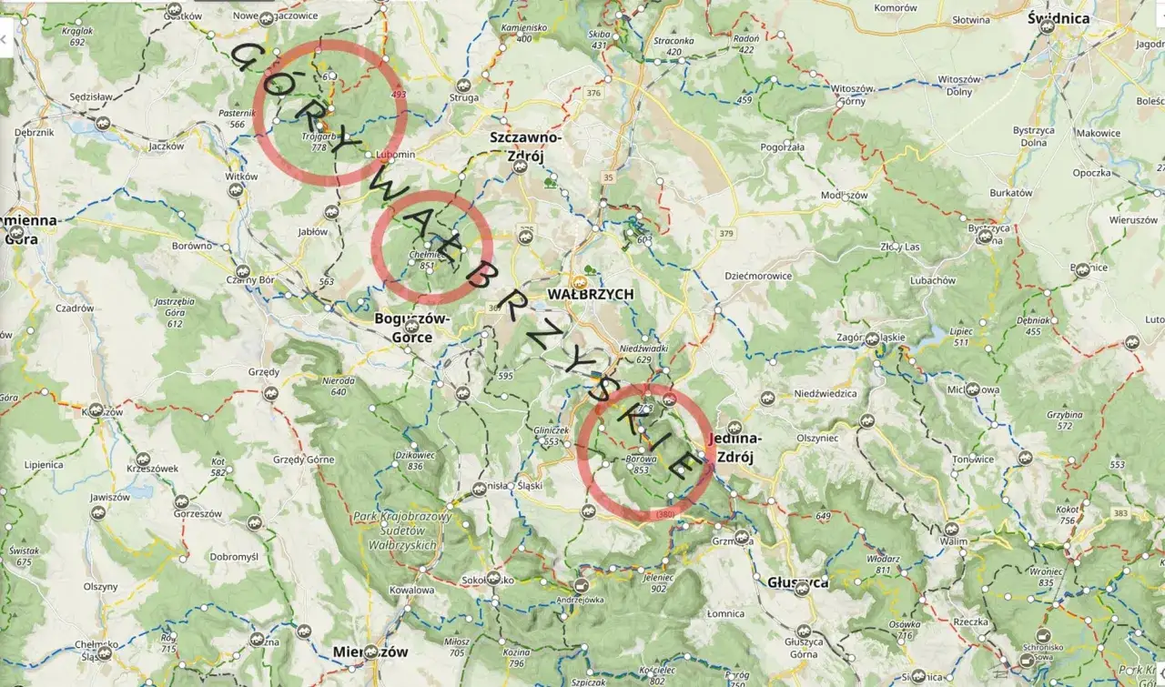 Góry Wałbrzyskie szlaki: mapa z zaznaczonymi trasami pieszymi i punktami widokowymi.