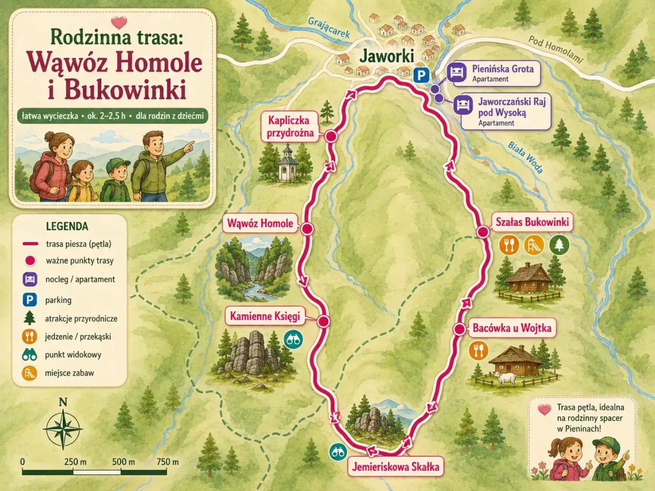 Mapa rodzinnej trasy przez Wąw&oacute;z Homole i Bukowinki. Czas przejścia ok. 2-2,5 h. Idealna na spacer w Pieninach.