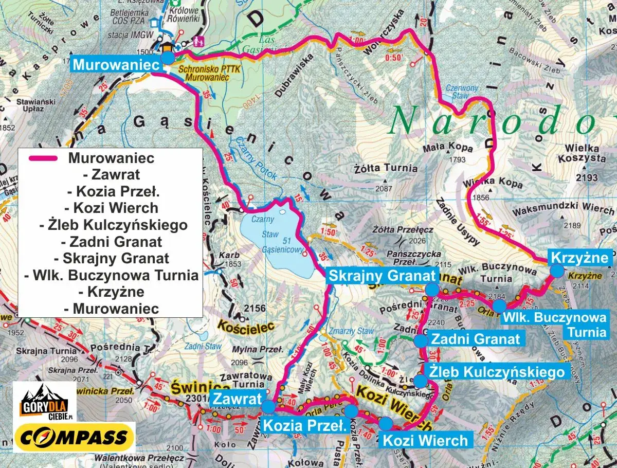 Mapa Orlej Perci: zacznij od Murowańca, przez Zawrat, Kozi Wierch, aż do Krzyżnego. Znajdź szlak na mapie.