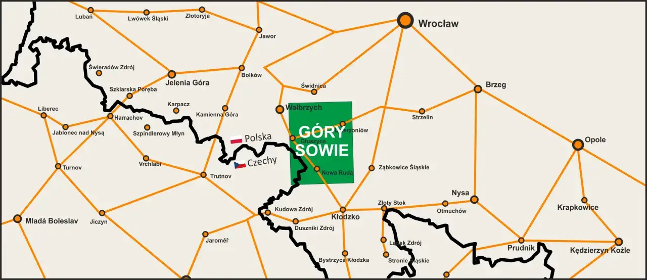 Mapa pokazuje G&oacute;ry Sowie i okoliczne miejscowości, takie jak Wrocław, Wałbrzych, Kłodzko i wiele innych.