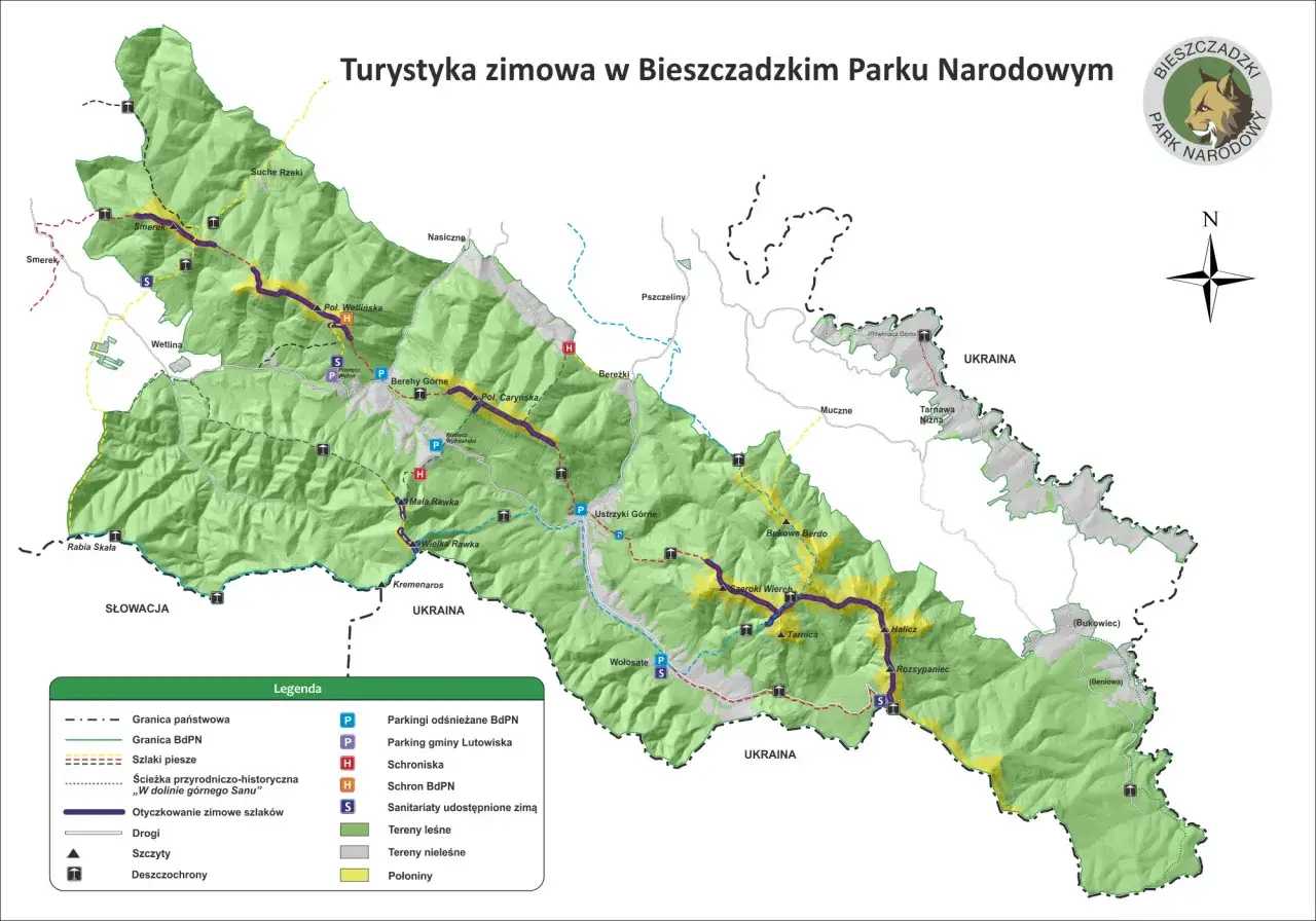 Mapa Bieszczadzkiego Parku Narodowego z zaznaczonymi szlakami zimowymi, schroniskami i punktami widokowymi. Tutaj znajdują się Bieszczady.