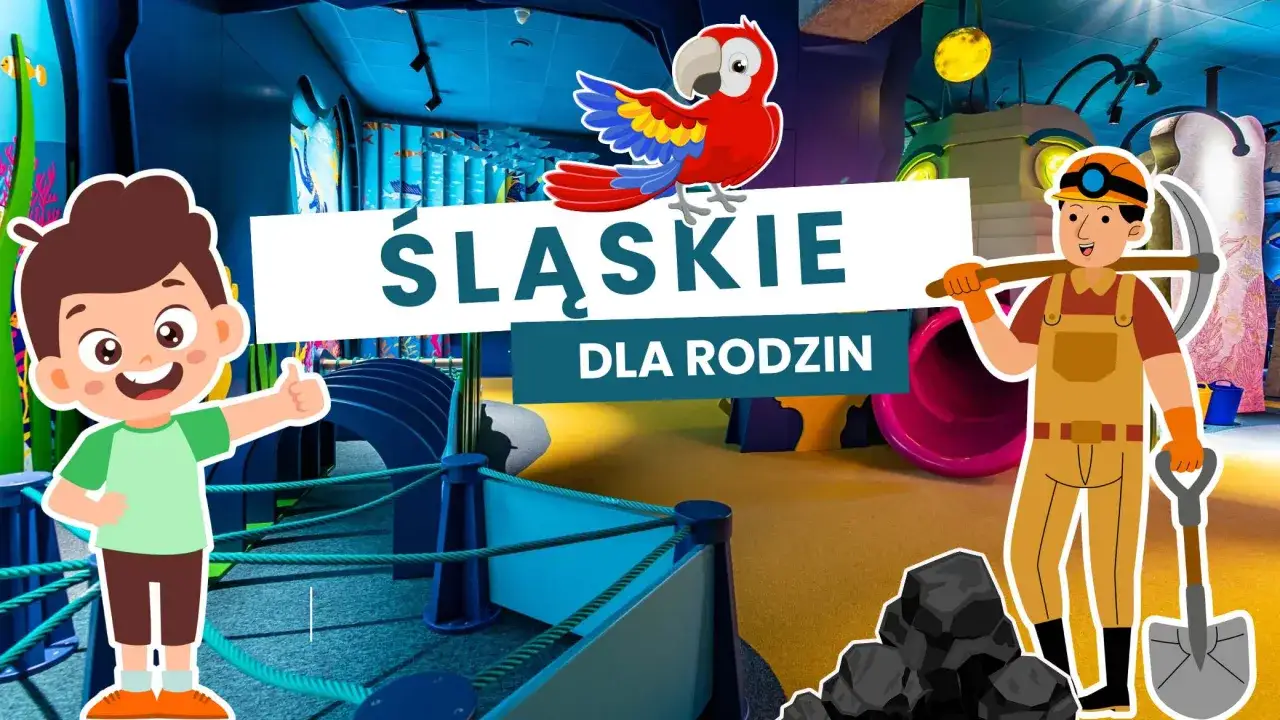 Śląskie atrakcje dla dzieci: chłopiec z kciukiem w górę i górnik z kilofem zapraszają do zabawy.