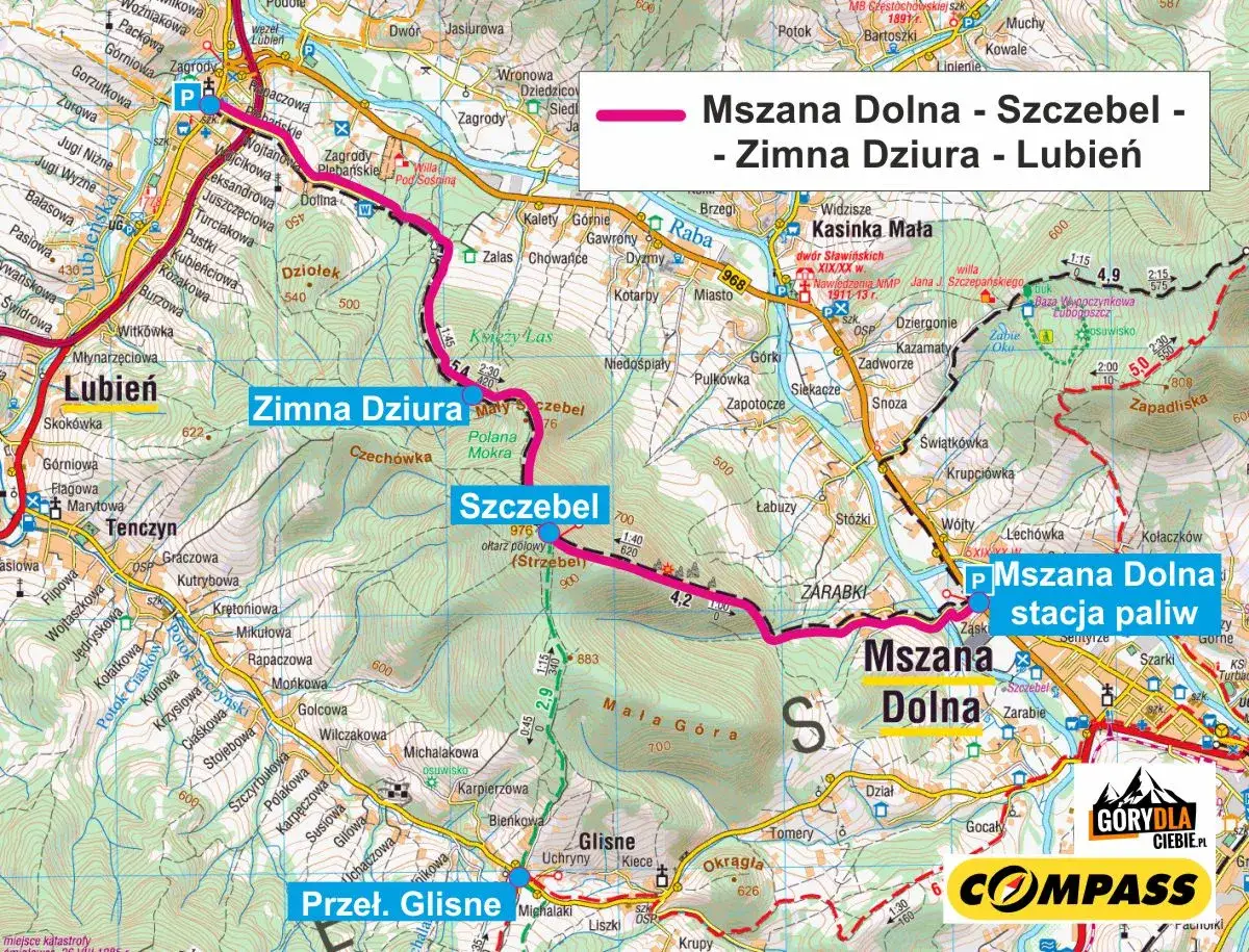 Trasa Mszana Dolna - Szczebel - Zimna Dziura - Lubień. Mapa turystyczna z zaznaczonymi szlakami i punktami.