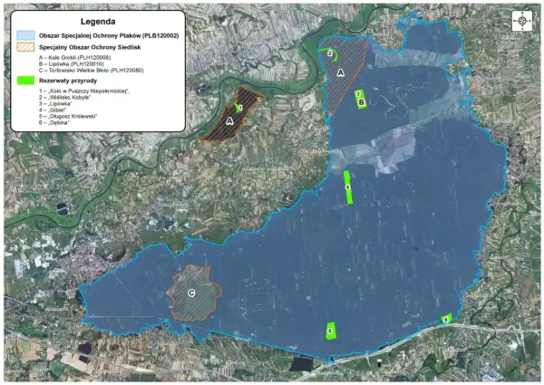 Mapa Puszczy Niepołomickiej z zaznaczonymi obszarami ochrony ptaków i siedlisk, rezerwatami przyrody oraz fragmentami lasów i pól.